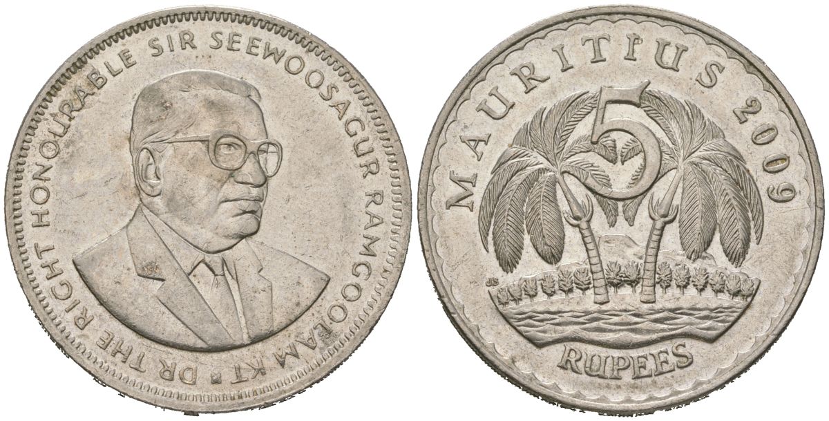 Маврикий 5 рупий 2009 Сивусагур Рамгулам KM 56 медно-никель aUNC 4144-833