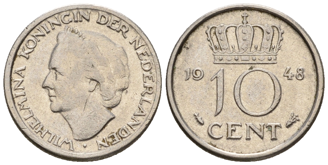Нидерланды 10 центов 1948 Вильгельмина (1895-1948) KM 177 никель 220-538