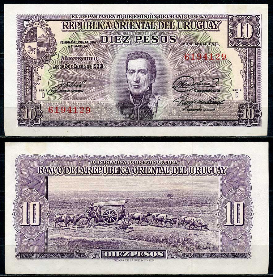 Уругвай 10 песо 1939 Хосе Хервасио Артигас, памятник повозке, Монтевидео, серия D Pick 37 d  бумага  aUNC 444-115-3-1