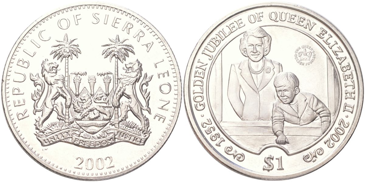 Сьерра-Леоне 1 доллар 2002 50 лет правлению Королевы Елизаветы II - Елизавета II и принц Чарльз в окне KM 282 медно-никель BU 4368-1123