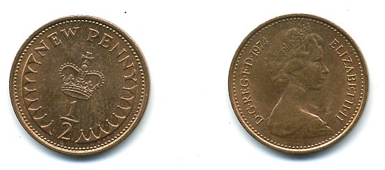 Великобритания 1/2 пенни 1974 Елизавета II (1952-2022) KM 914, Spink 4239 бронза 4110-1714