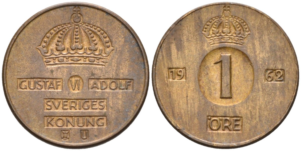 Швеция 1 эре 1962 Густав VI Адольф (1950-1973) KM 820 бронза 4580-1061