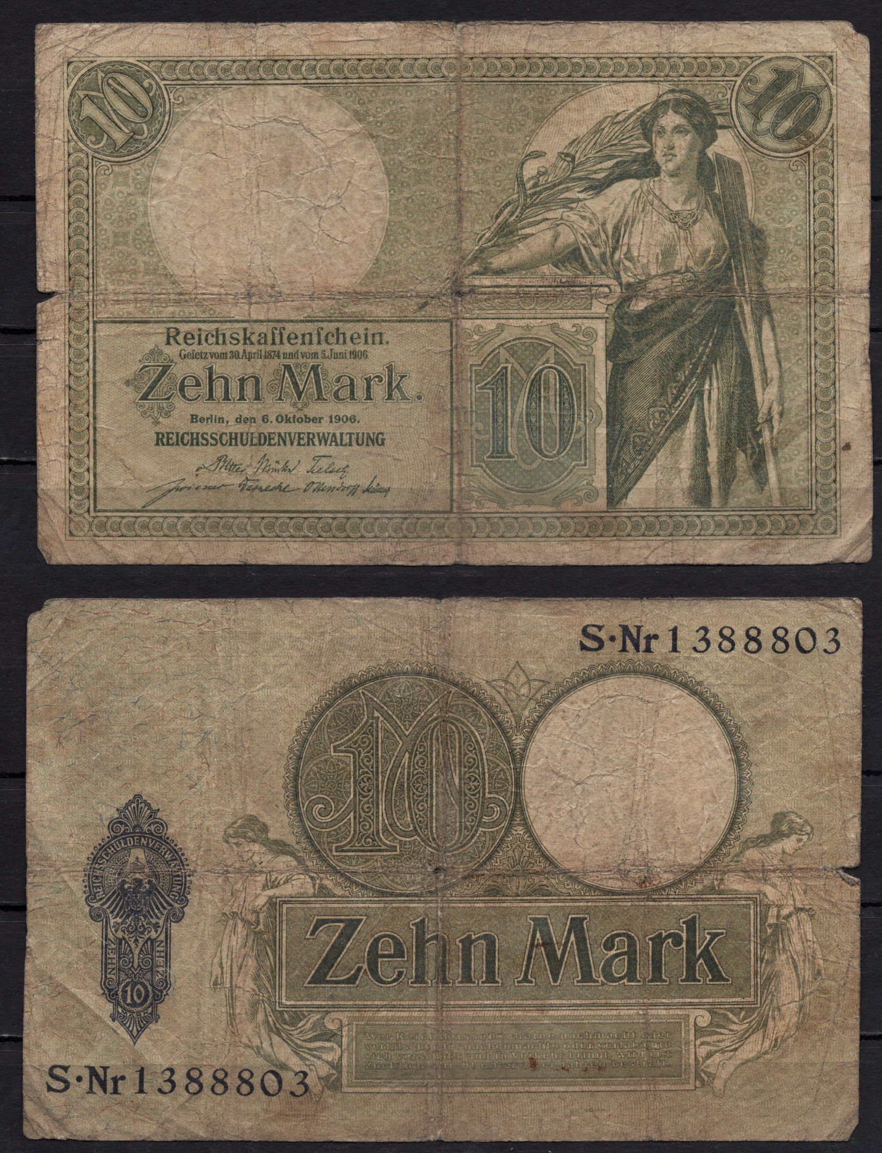 Германия 10 марок 1906 Женщина Pick 9b бумага 8602-14-2-2