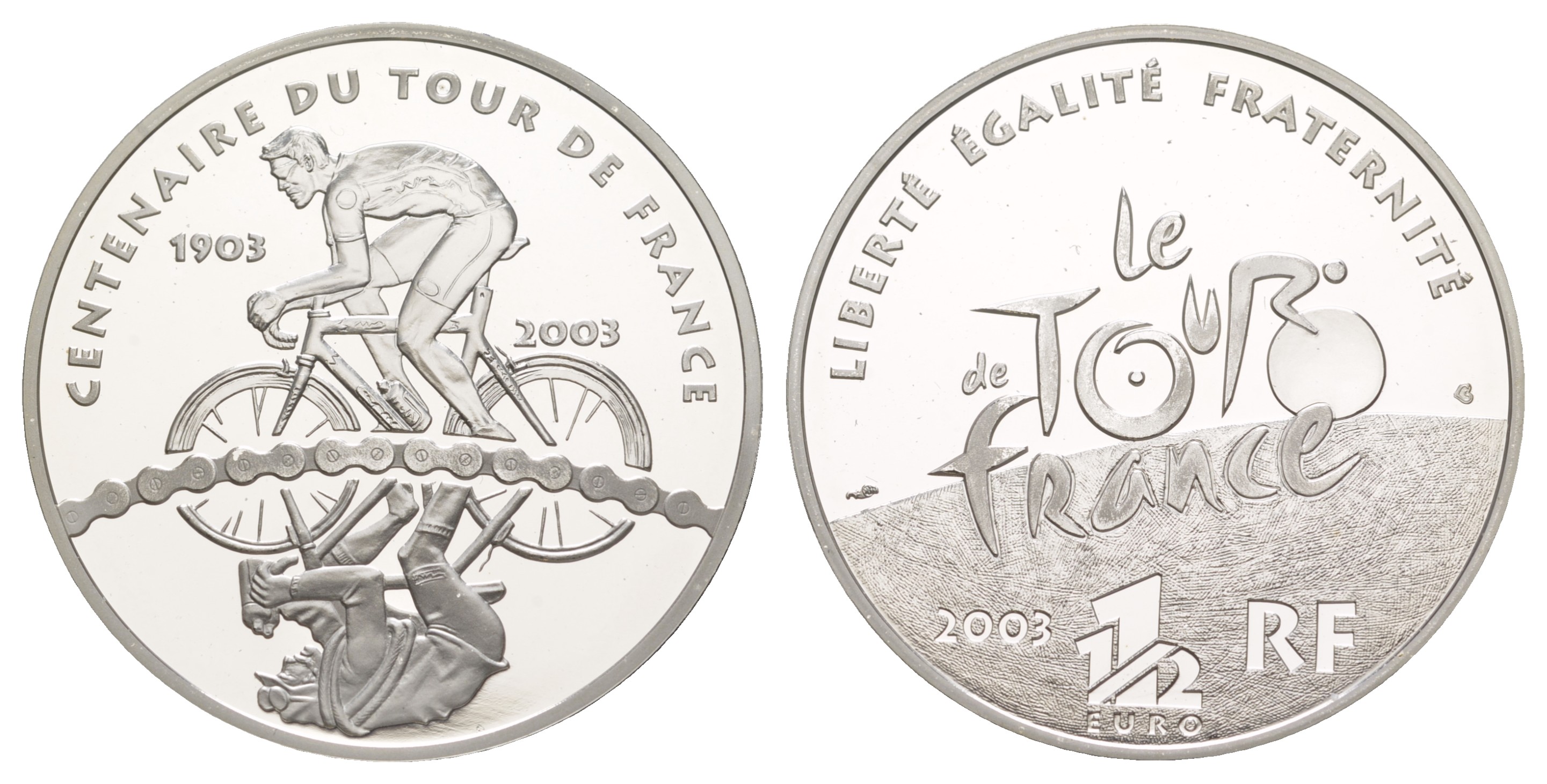 Франция 1 1/2 евро 2003 100 лет велогонкам Тур де Франс, велосипедист и его отражение, в оригинальной коробке, сертификат KM 1321 серебро  PROOF  1-6-4-63