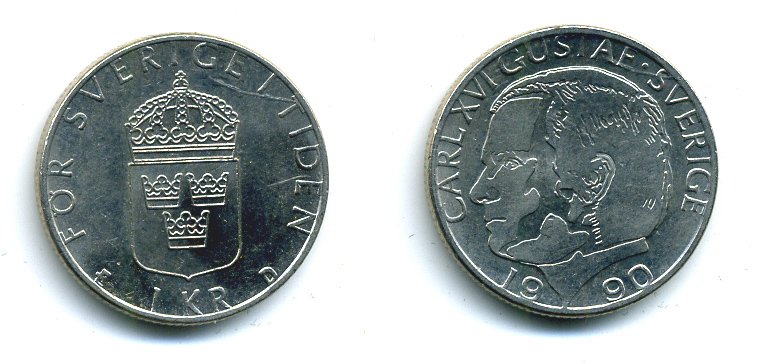 Швеция 1 крона 1990 Карл XVI Густав (1973- ) KM 852a медно-никель 37-1014
