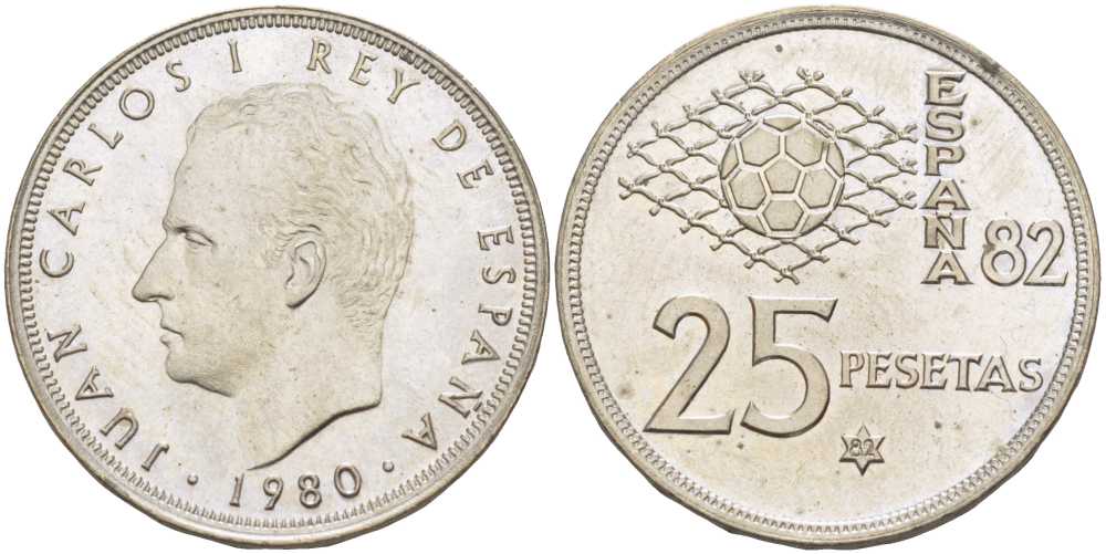 Испания 25 песет 1980 (82) чемпионат мира по футболу в Испании 1982 года, Хуан Карлос I (1975-) KM 818 медно-никель 3334-253