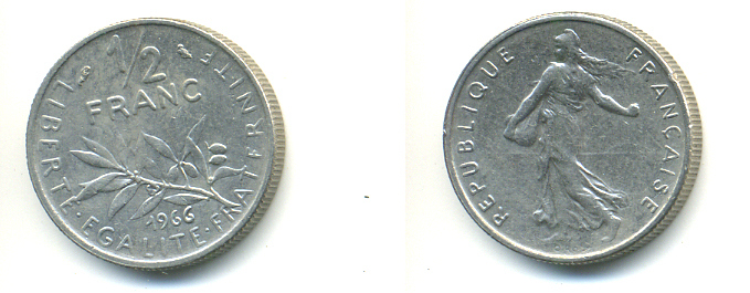ФРАНЦИЯ 1/2 ФРАНКА 1966 СЕЯТЕЛЬ KM 931.1, LE FRANC 198.5 никель 83-324
