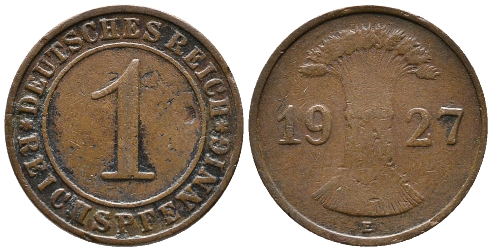 ГЕРМАНИЯ 1 РЕЙХСПФЕННИГ 1927 E KM 37, J. 313 бронза 39-939
