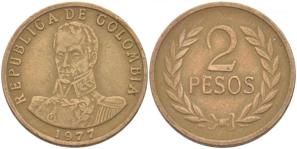 Колумбия 2 песо 1977 Симон Боливар KM 263 бронза 4448-843