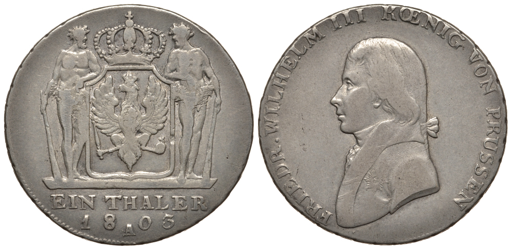 Пруссия 1 талер 1803 А, PRUSSEN ошибка в названии!! Dav. 755 var., Kahnt 361 b, Old. 102 d, Thun 242 Anm серебро 10-009-66