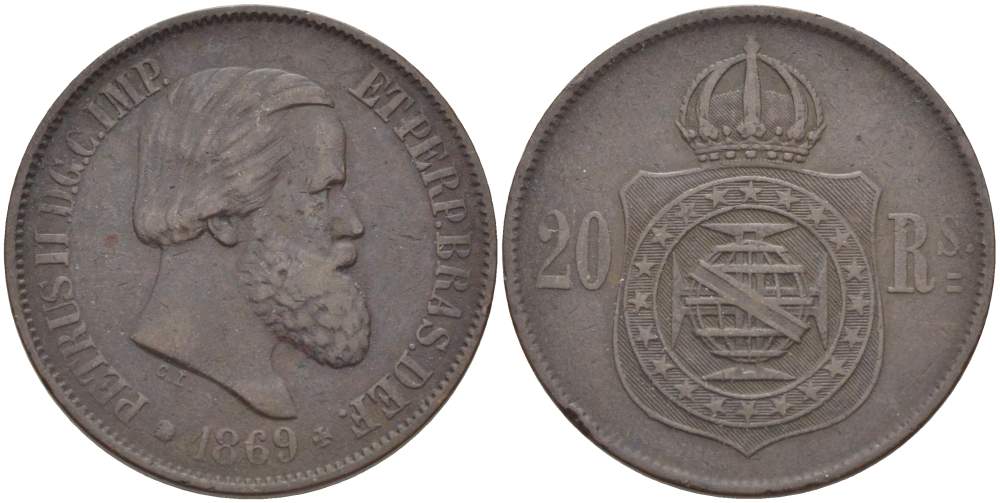 Бразилия 20 рейсов 1869 Педро II (1831-1889) KM 474 бронза 4529-454