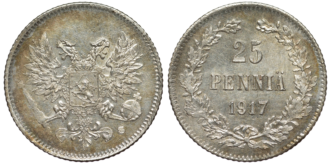 Россия для Финляндии 25 пенни 1917 S, временное правительство, без короны KM 19, Биткин 2 серебро 75-1448