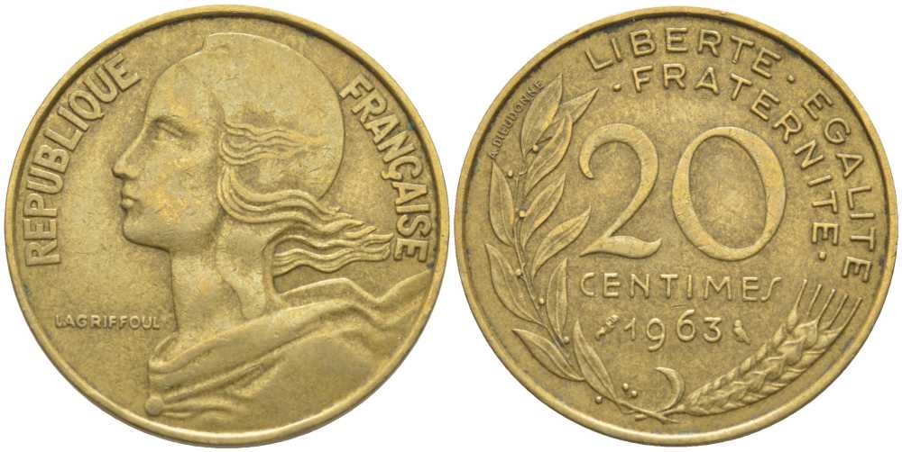 ФРАНЦИЯ 20 САНТИМОВ 1963 ТИП MARIANNE KM 930, LE FRANC 156.3 медь алюминий никель 175-821