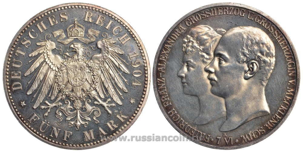 Мекленбург-Шверин 5 марок 1904 на свадьбу Фридриха Франца IV J. 87, KM 334 серебро PROOF 00-819-30