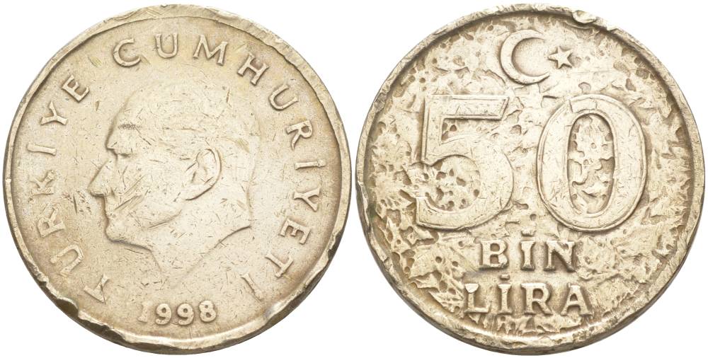 ТУРЦИЯ 50000 ЛИР 1998 КЕМАЛЬ АТАТЮРК KM 1056 медь никель цинк 4545-824