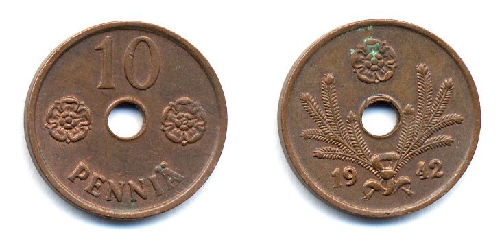 ФИНЛЯНДИЯ 10 ПЕННИ 1942 KM 33.1 медь 51-4944