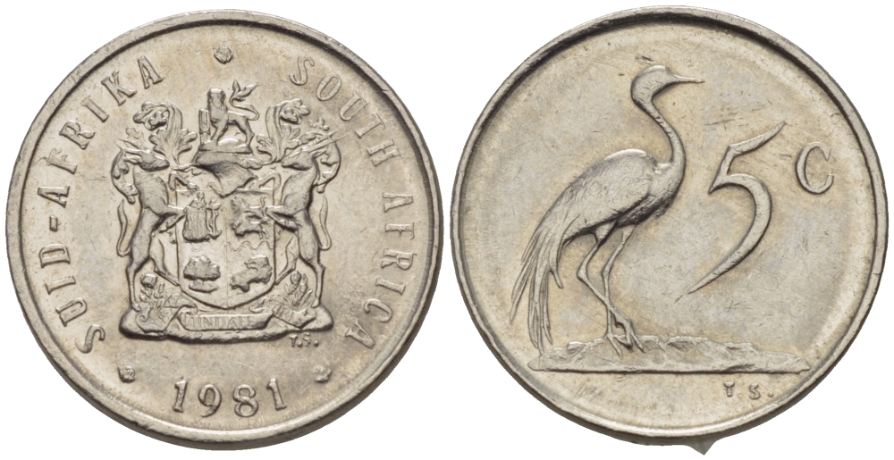 ЮАР 5 центов 1981 герб, райский журавль KM 84 никель 66-334