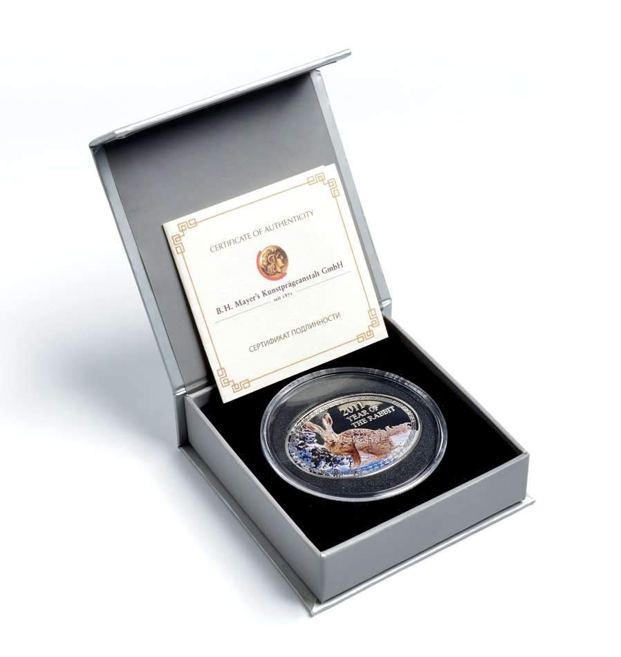 Ниуэ 1 доллар 2011 Год кролика, цветная эмаль, коробка, сертификат KM 510 серебро PROOF 4-3-3-03