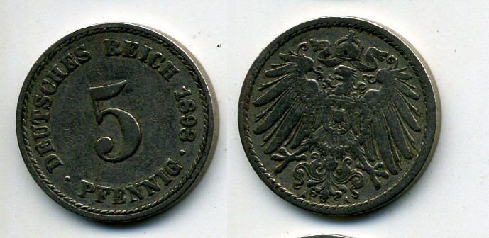 ГЕРМАНИЯ 5 ПФЕННИГОВ 1898 A, KM 11, J. 12 медно-никель 58-133