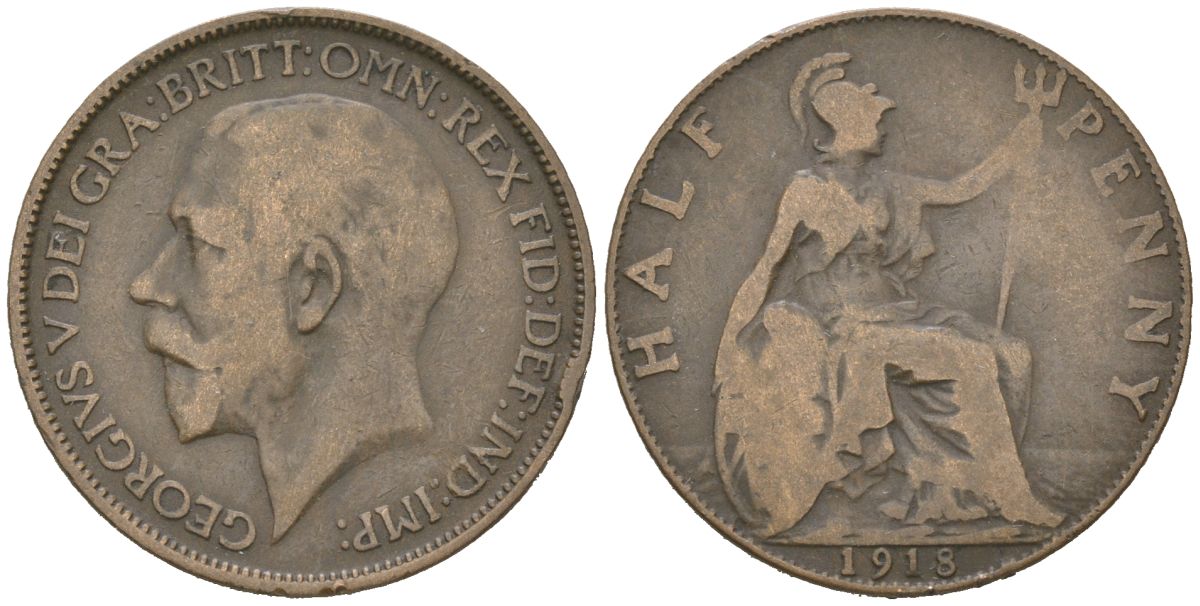 Великобритания 1/2 пенни 1918 Георг V (1910-1936) KM 809, Spink 4056 бронза 4616-734