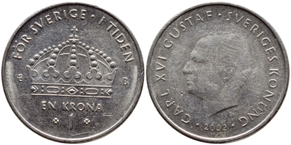 Швеция 1 крона 2002 Карл XVI Густав (1973- ) KM 894 медно-никель 4380-211