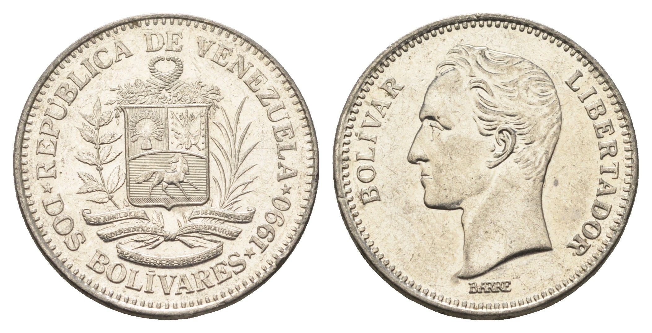 Венесуэла 2 боливара 1990 Симон Боливар Y 43a сталь плакированная никелем 4662-955