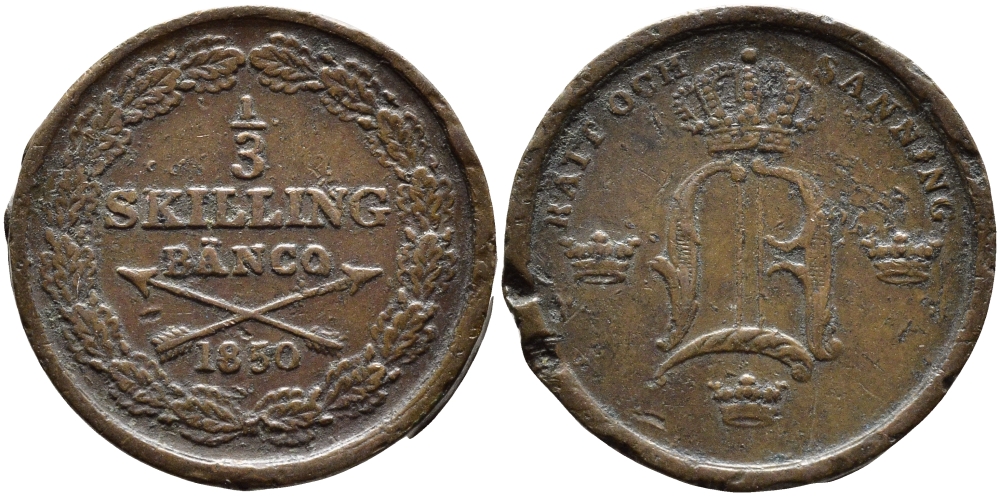 Швеция 1/3 скиллинга 1850 Оскар I (1844-1859), с двумя точками над A (ошибка) KM 657 медь 4393-344