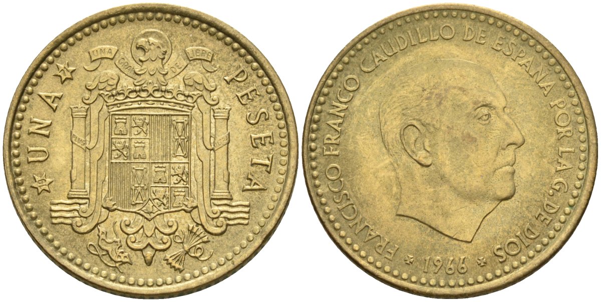 Испания 1 песета 1966 (71) Франсиско Франко (1939-1975) KM 796 алюминиевая бронза 4604-357