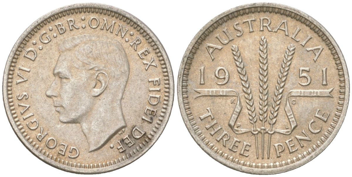 Австралия 3 пенса 1951 PL, Георг V (1936-1952) KM 44 серебро 4621-1224