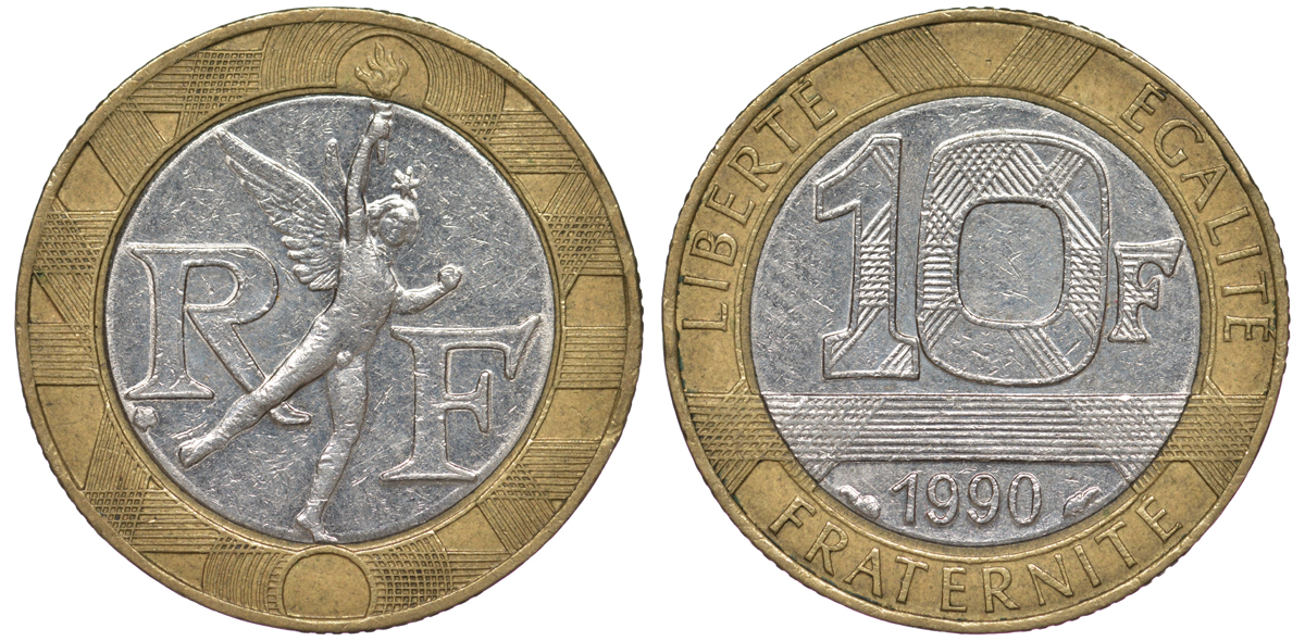 Франция 10 франков 1990 тип Гений Бастилии KM 964.1, Le Frank 375.5 биметалл 45-714