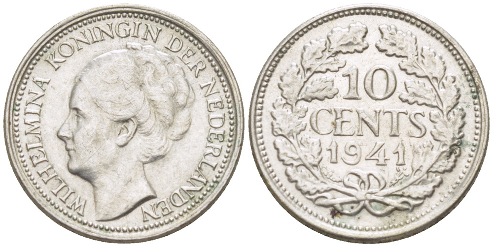 Нидерланды 10 центов 1941 Вильгельмина I (1890-1948) КМ 163 серебро 4181-1234