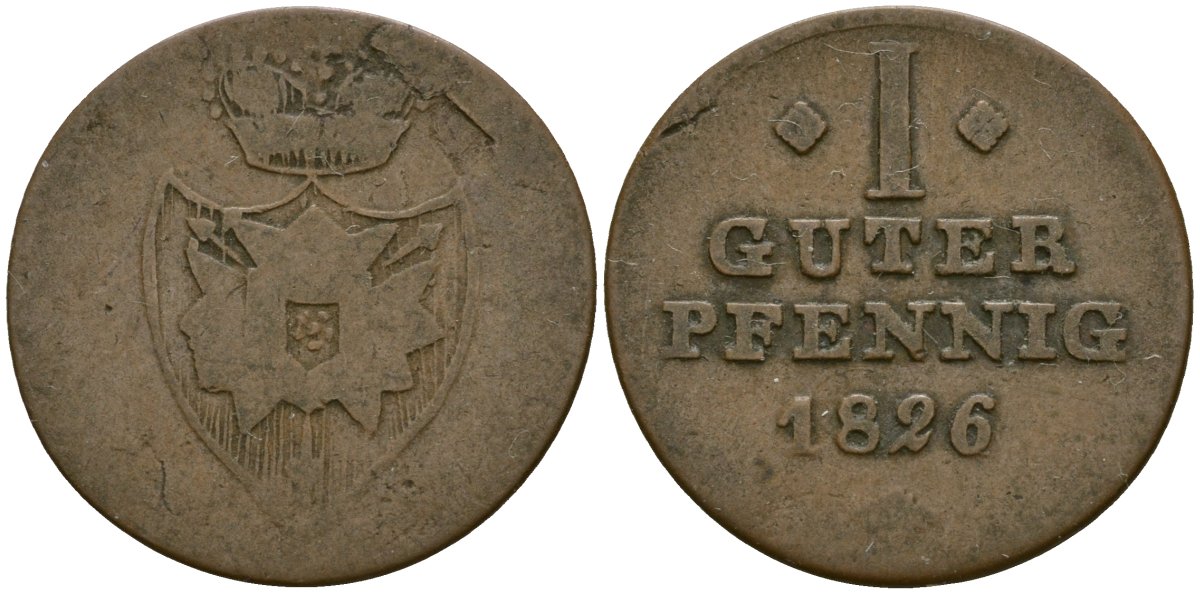 Шаумбург-Липпе 1 пфенниг 1826 Георг Вильгельм (1787-1860) KM 35, AKS 17 медь 46-435
