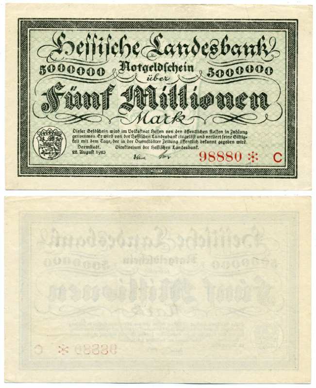 ДАРМШТАДТ, ГЕРМАНИЯ 5000000 МАРОК (5 МИЛЛИОНОВ МАРОК) 1923 22 АВГУСТА 1923, НОТГЕЛЬД, ЗЕМЛЯ ГЕССЕН, НОМЕР, СНЕЖИНКА, СЕРИЯ C, HESSESCHE LANDESBANK Keller 956a бумага аUNC 8613-26-2-1