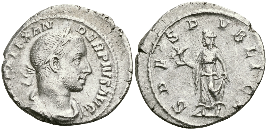 Римская Империя денарий 232 Александр Север SPES PVBLICA Спея, персонификация Надежды Рим Good Very fine RIC 254 серебро 00-00-00