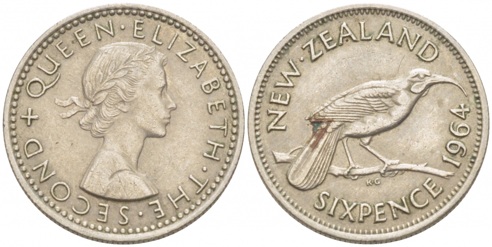 Новая Зеландия 6 пенсов 1964 Елизавета II (1952-2022), разноклювая гуйя KM 26.2 медно-никель 214-318