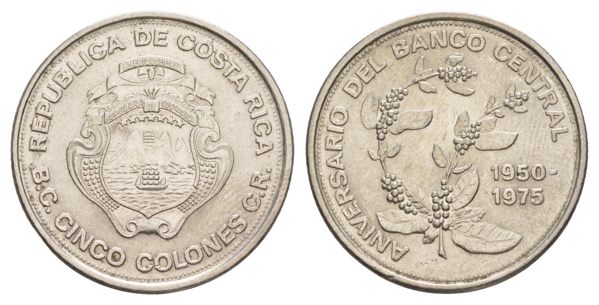 Коста-Рика 5 колонов 1975 25 лет Центральному Банку KM 203 никель UNC 4642-1013
