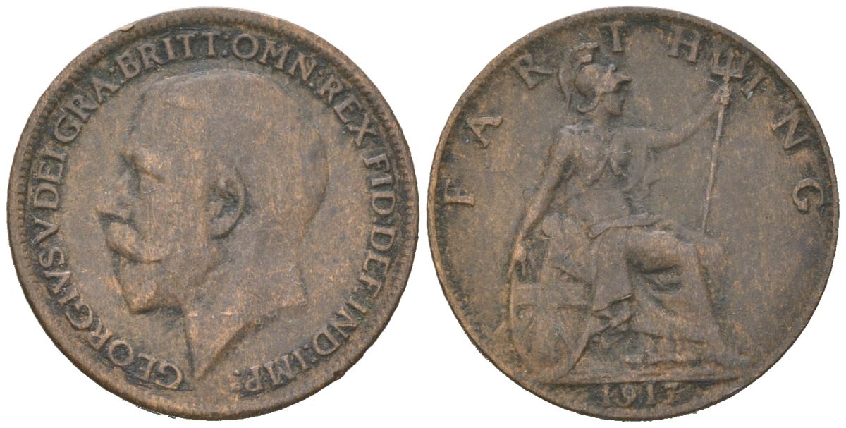 Великобритания 1 фартинг 1917 Георг V (1910-1936) KM 808.1, Spink 4059 бронза 4617-856