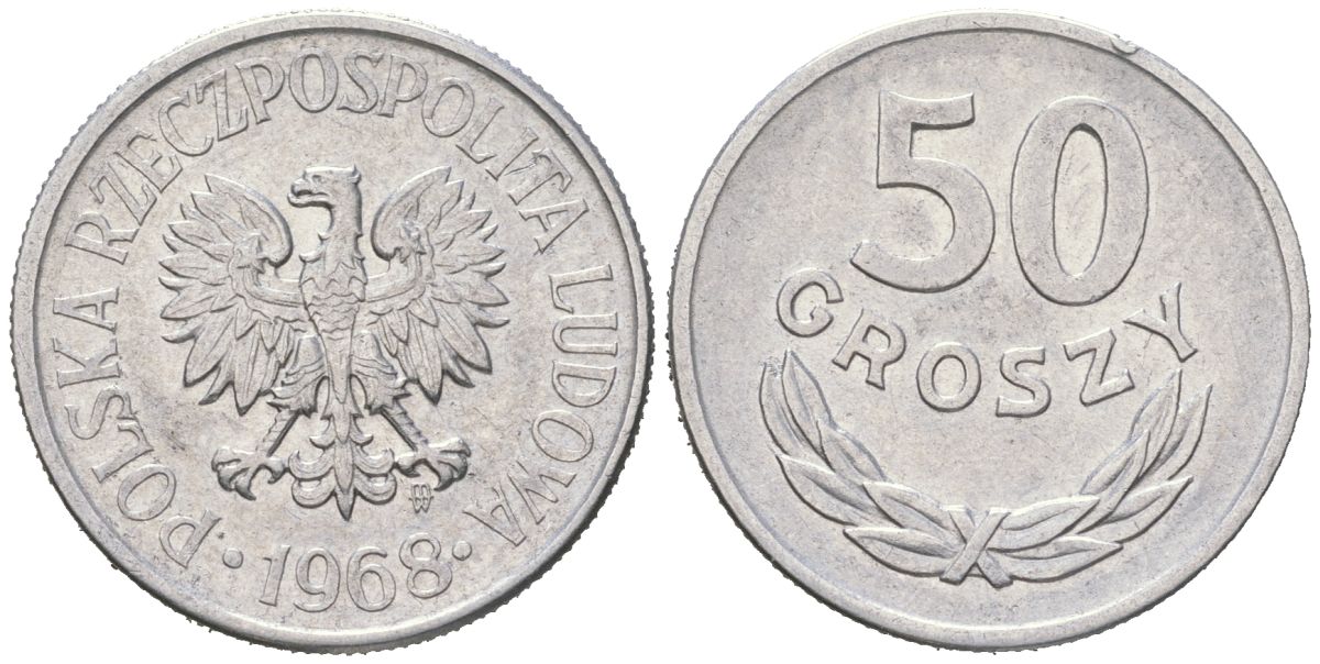 Польша 50 грошей 1968 MW, редкий год KM 48.1, Parchimowicz 210d алюминий aUNC 4591-757