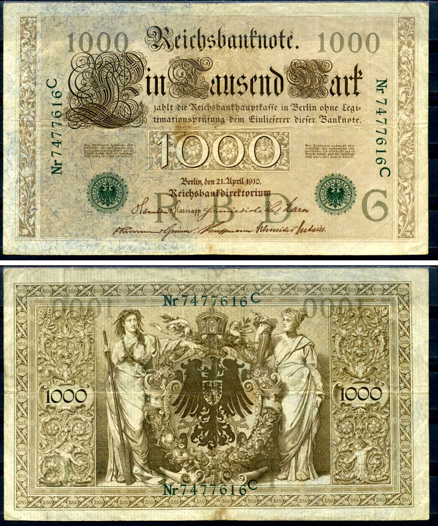 Германия 1000 марок 1910 21 апреля 1910, зеленая печать, номер семизначный, серия C, буква G, выпуск АПРЕЛЬ - ИЮЛЬ 1918 Pick 45 b бумага 8618-51-1-2