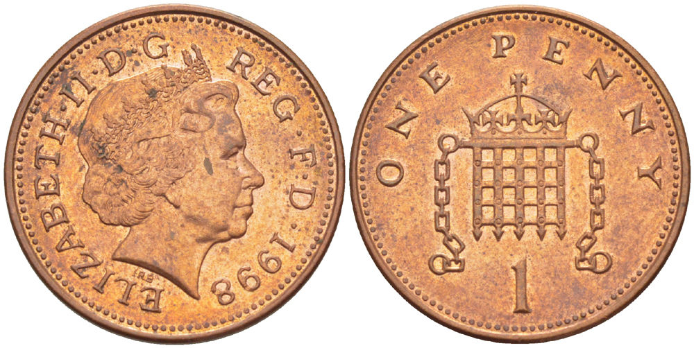 Великобритания 1 пенни 1998 Елизавета II (1952-2022) KM 986, Spink 4710 (B5) сталь плакированная медью 220-427
