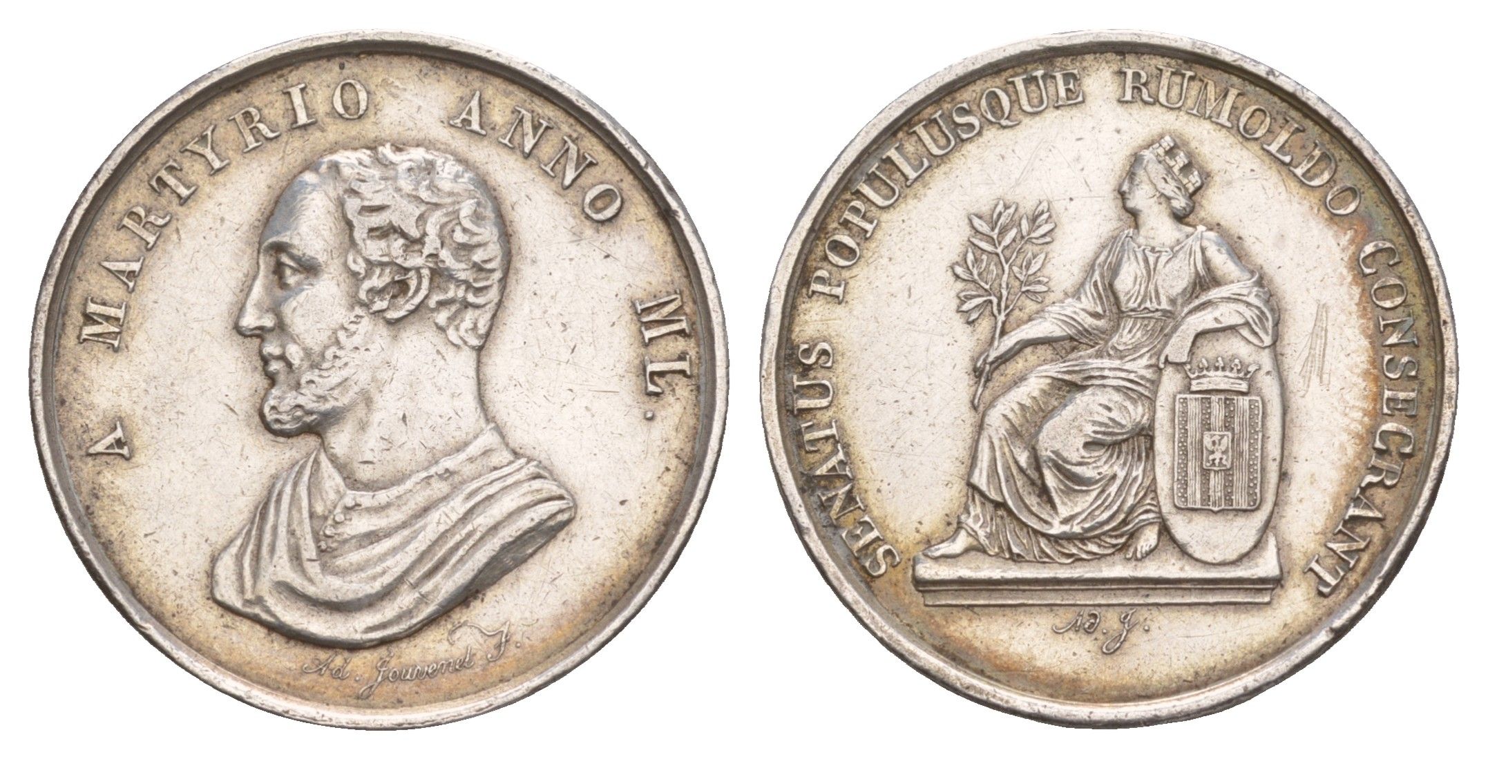 Германия медаль "1050 летие мученичества Румольда Мехеленского" 1825 сенат и народ посвящают, диаметр 27 мм, вес 6,8 гр серебро 1519-424