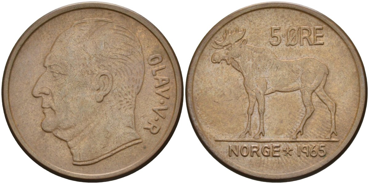 Норвегия 5 эре 1965 лось, Улаф V (1958-1991) KM 405 бронза 4557-1235
