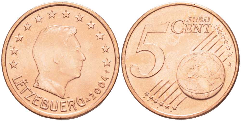 ЛЮКСЕМБУРГ 5 ЕВРОЦЕНТОВ 2004 ГЕНРИ KM 77 сталь плакированная медью UNC 96-753