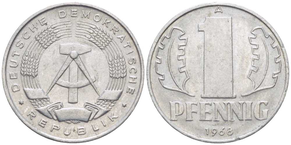 ГДР 1 ПФЕННИГ 1968 А KM 8.1 алюминий 100-939