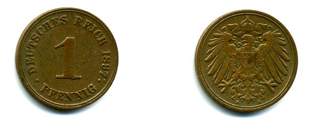 Германия 1 пфенниг 1897 A KM 10, J. 10, Weege 2 медь 35-1146