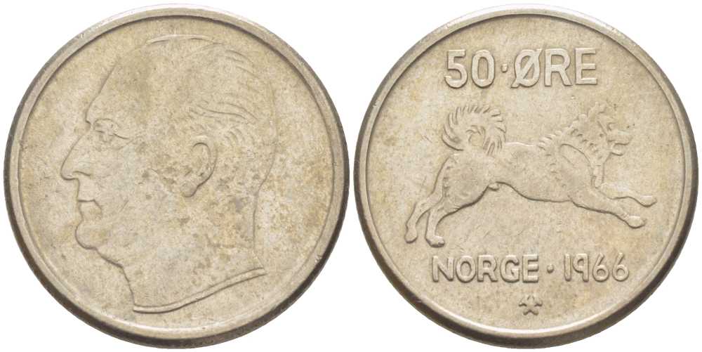 Норвегия 50 эре 1966 Улаф V (1957-1991), собака KM 408 медно-никель 213-713