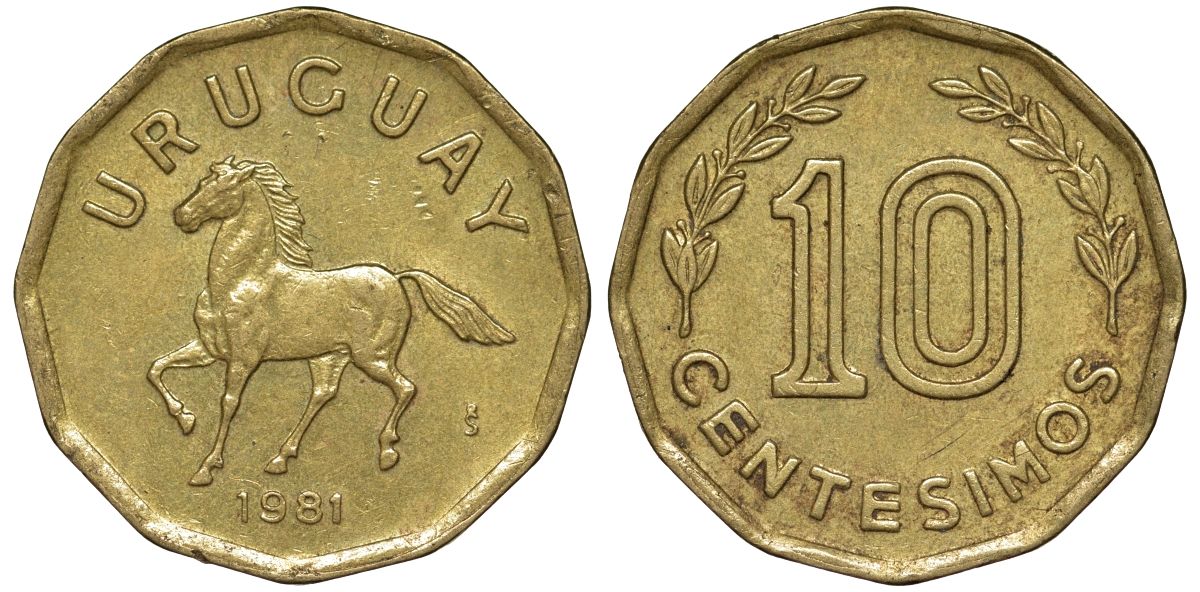 Уругвай 10 сентесимо 1981 KM 66 алюминиевая бронза 4169-551