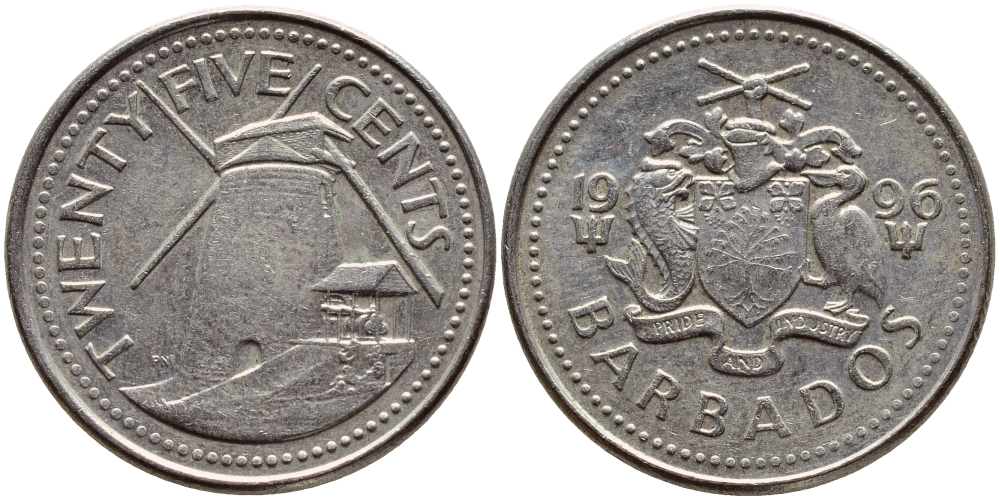 Барбадос 25 центов 1996 ветряная мельница Моргана Льюиса KM 13 медно-никель 4398-436