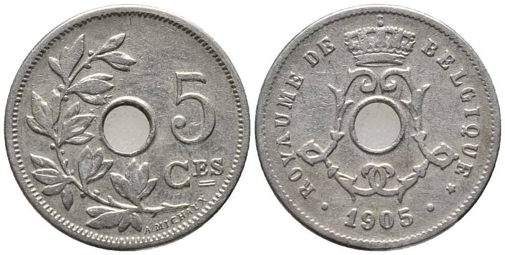 БЕЛЬГИЯ 5 САНТИМОВ 1905 BELGIQUE KM 52 медно-никель 4387-521