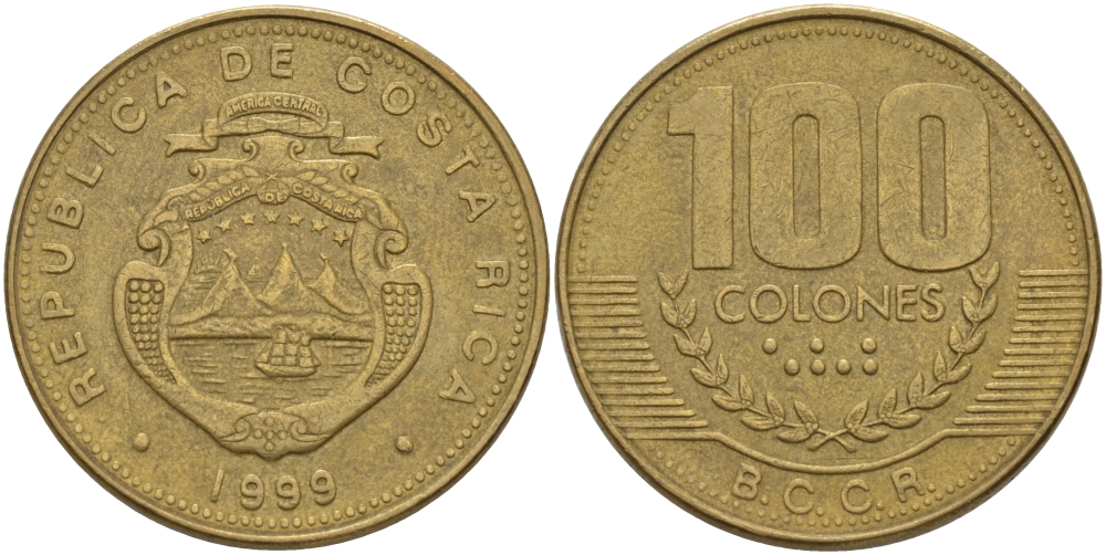 КОСТА-РИКА 100 КОЛОН 1999 со KM 230а.1 латунь 82-243